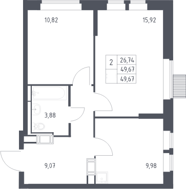 2-комн., 49.6 м², 10/25 этаж, ЖК «Большое Путилково»