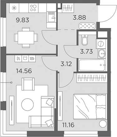2-комн., 46.28 м², 22/23 этаж, ЖК «Одинград, квартал Семейный»