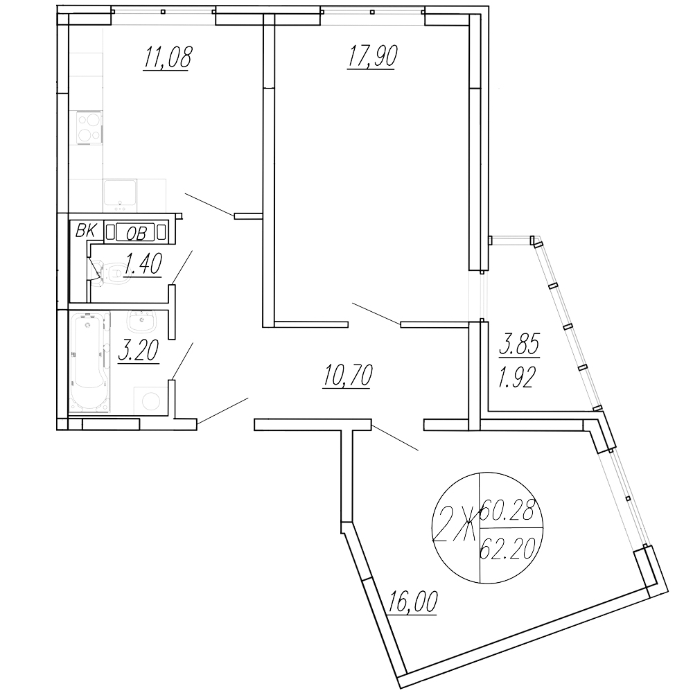 2-комн., 60.3 м², 1/4 этаж, ЖК «Шолохово»