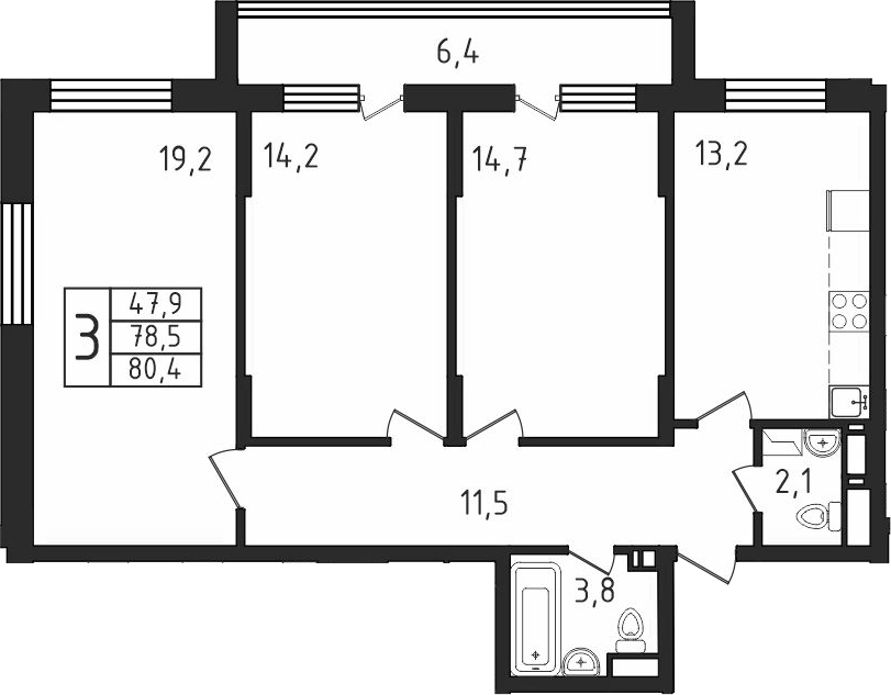 3-комн., 78.48 м², 9/9 этаж, ЖК «Пироговская ривьера. Мытищи»