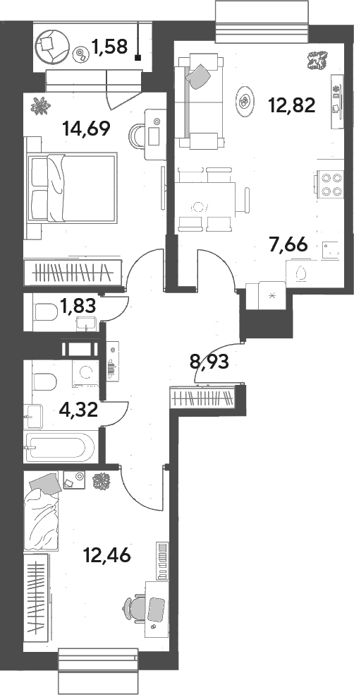 3-комн., 62.71 м², 4/15 этаж, ЖК «Публицист»
