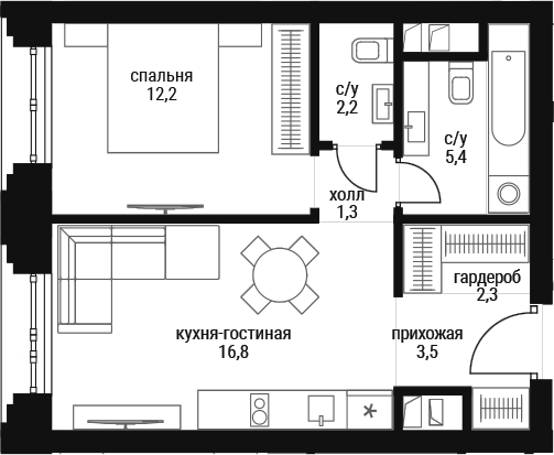 2-комн., 43.8 м², 30/36 этаж, ЖК «Шелепиха»