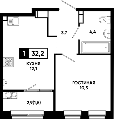1-комн., 30.7 м², 14/14 этаж, ЖК «Резиденция Софи»