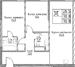 3-комн., 70.8 м², 25/29 этаж, ЖК «Наметкин Тауэр»