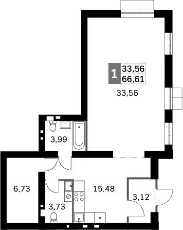 2-комн., 66.61 м², 1/4 этаж, ЖК «Жаворонки Клаб»