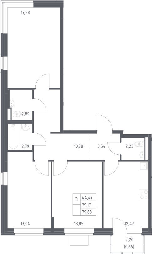 3-комн., 79.17 м², 3/9 этаж, ЖК «Подольские кварталы»