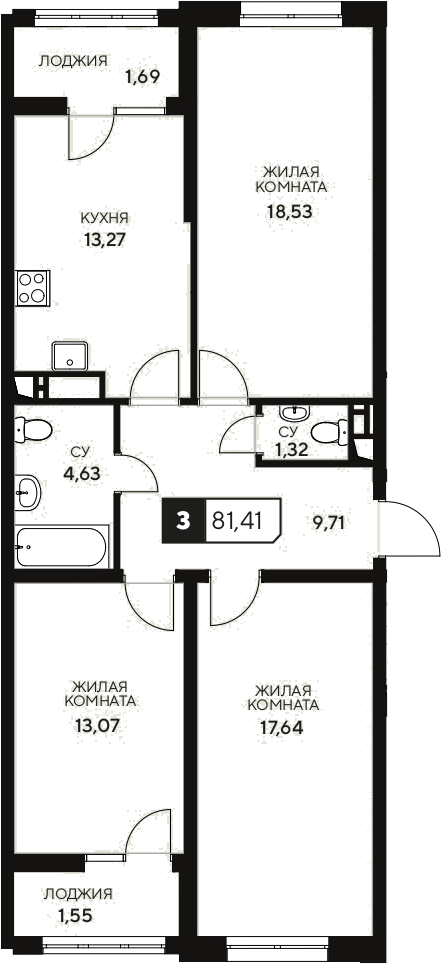 3-комн. квартира, 78.17 м² в ЖК Центральный. Гамма — фото 2