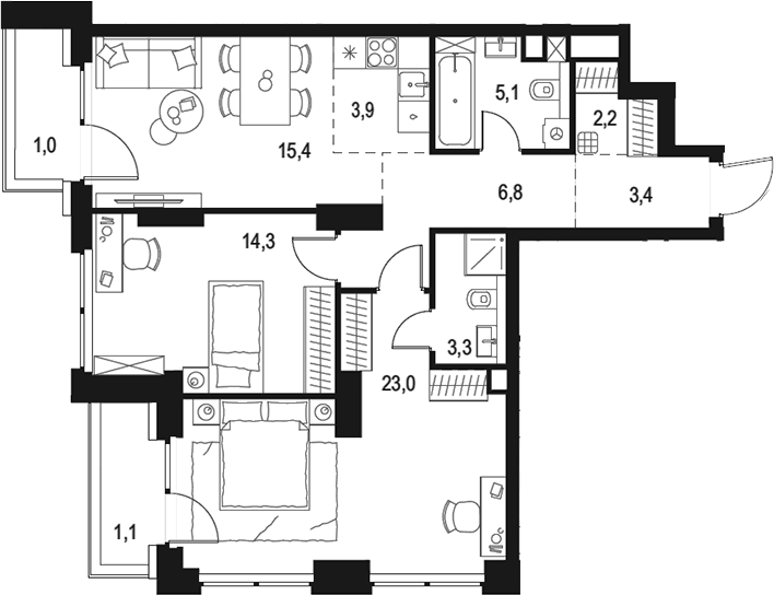 3-комн., 77.4 м², 7/48 этаж, ЖК «Левел Звенигородская»