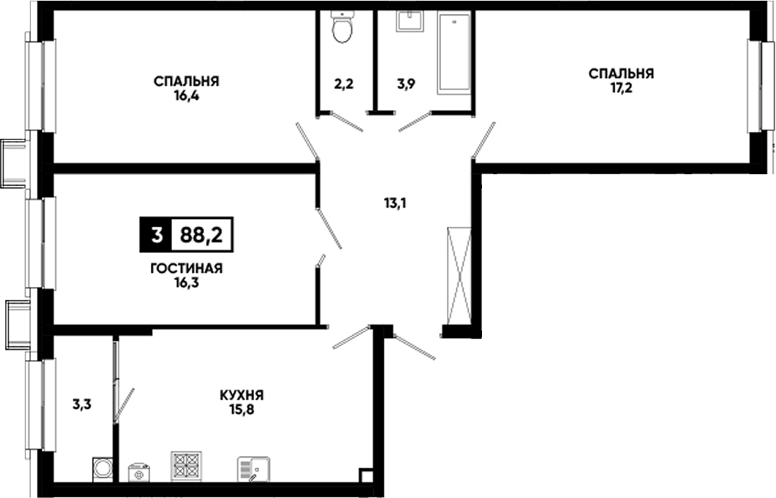 3-комн., 84.9 м², 2/12 этаж, ЖК «Кварталы 17/77»