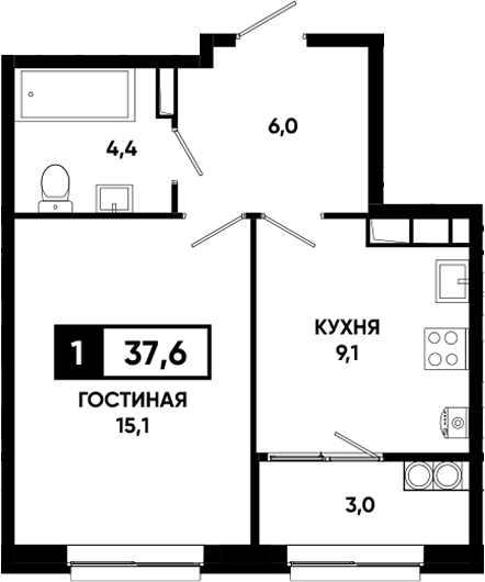 1-комн., 34.6 м², 16/19 этаж, ЖК «Основа. ГК ЮгСтройИнвест. Ставропольский край»