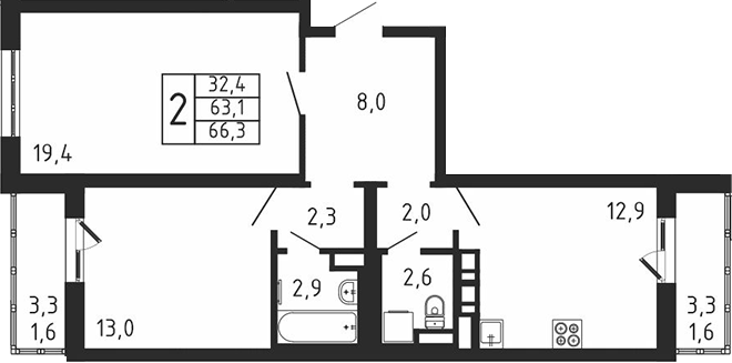 2-комн., 63.1 м², 2/9 этаж, ЖК «Пироговская ривьера. Мытищи»