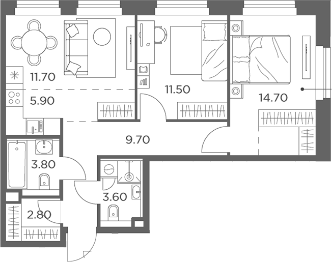 3-комн., 63.7 м², 5/23 этаж, ЖК «Белый Град»