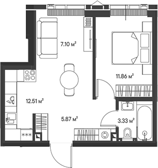 2-комн., 40.67 м², 42/47 этаж, ЖК «Джойс»