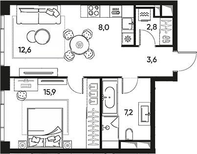 2-комн., 50.1 м², 21/22 этаж, ЖК «ПРАЙД»