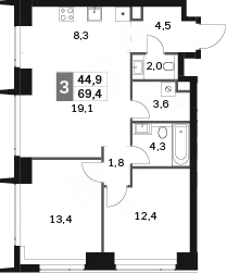 3-комн., 69.4 м², 6/58 этаж, ЖК «Амбер Сити»