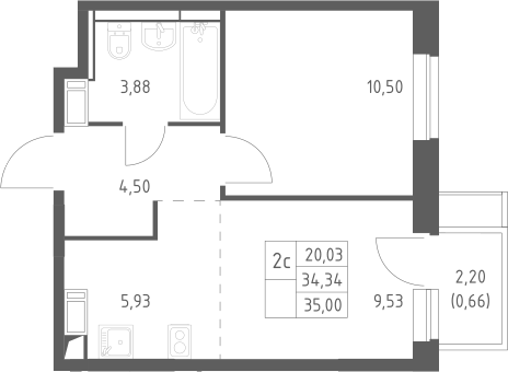 2-комн., 34.34 м², 3/12 этаж, ЖК «Пятницкие Луга»