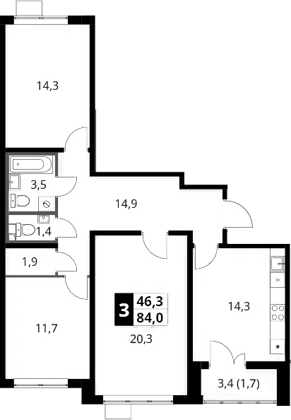 3-комн., 82.3 м², 21/25 этаж, ЖК «1-й Южный»