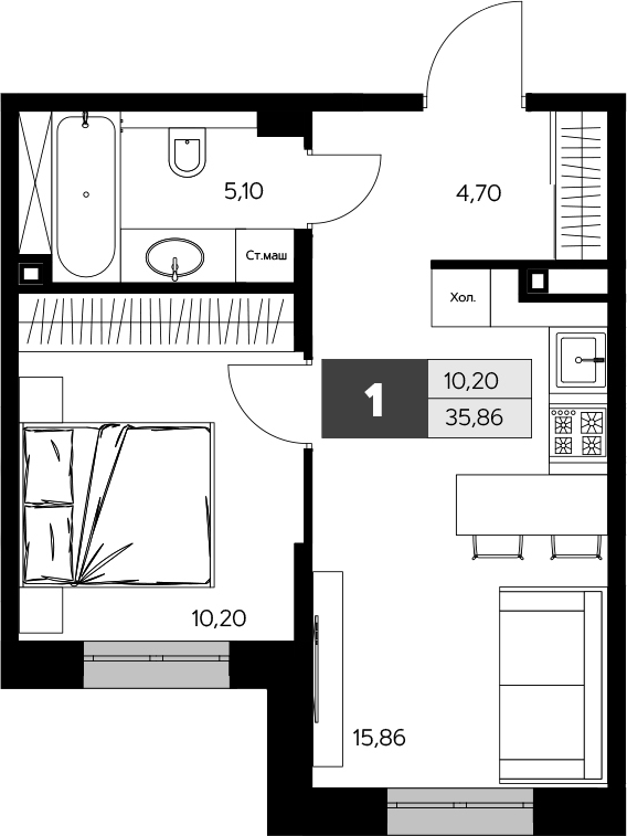 1-комн., 35.86 м², 1/9 этаж, ЖК «Ласточкино»
