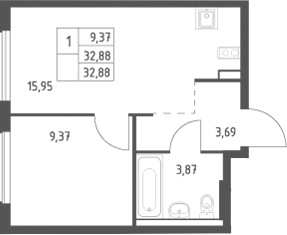2-комн., 32.88 м², 6/9 этаж, ЖК «Большое Юрлово»