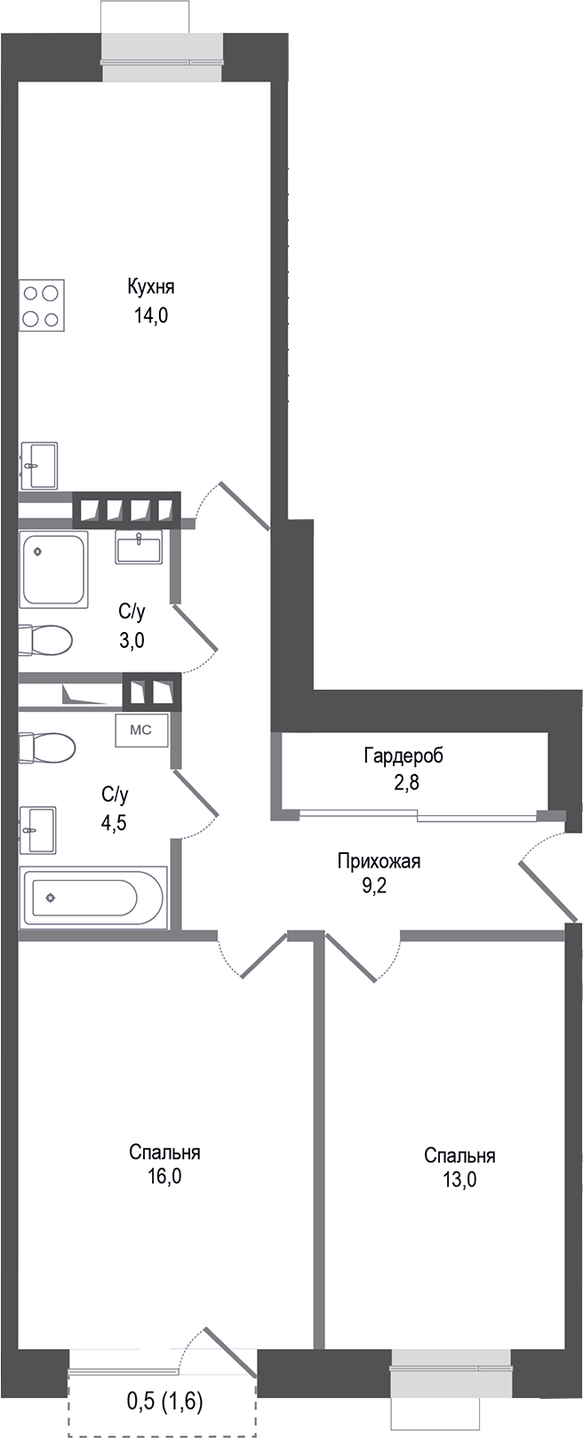 2-комн., 62.5 м², 4/4 этаж, ЖК «Киноквартал»