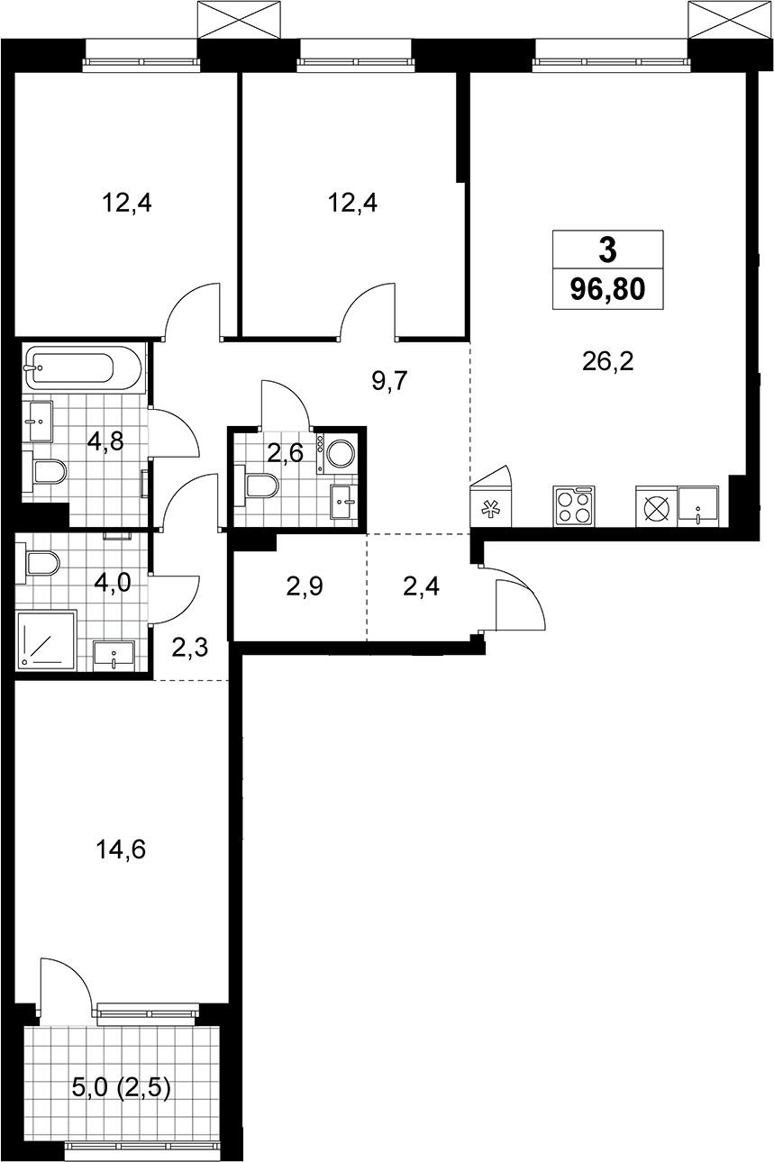 3-комн., 94.3 м², 4/12 этаж, ЖК «Дзен-кварталы»