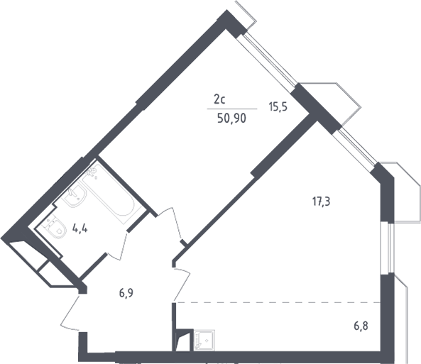 2-комн., 50.9 м², 17/30 этаж, ЖК «Скай Спутник»