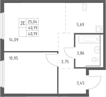 2-комн., 40.79 м², 3/17 этаж, ЖК «Пригород Лесное»