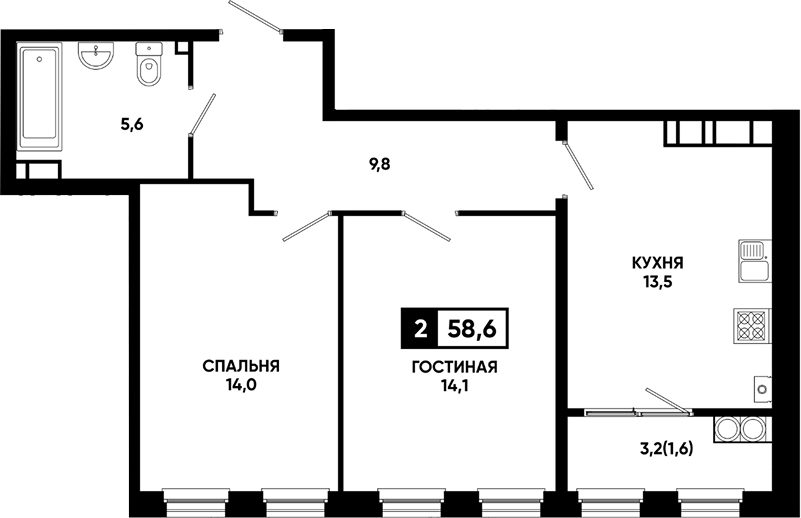 2-комн., 57 м², 23/24 этаж, ЖК «Резиденция Софи»