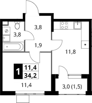 1-комн., 32.7 м², 5/11 этаж, ЖК «1-й Шереметьевский»
