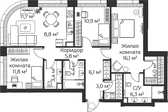 4+ комнаты, 92.3 м², 9/38 этаж, ЖК «Веер»