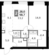 2-комн., 58.7 м², 15/47 этаж, ЖК «Амбер Сити»