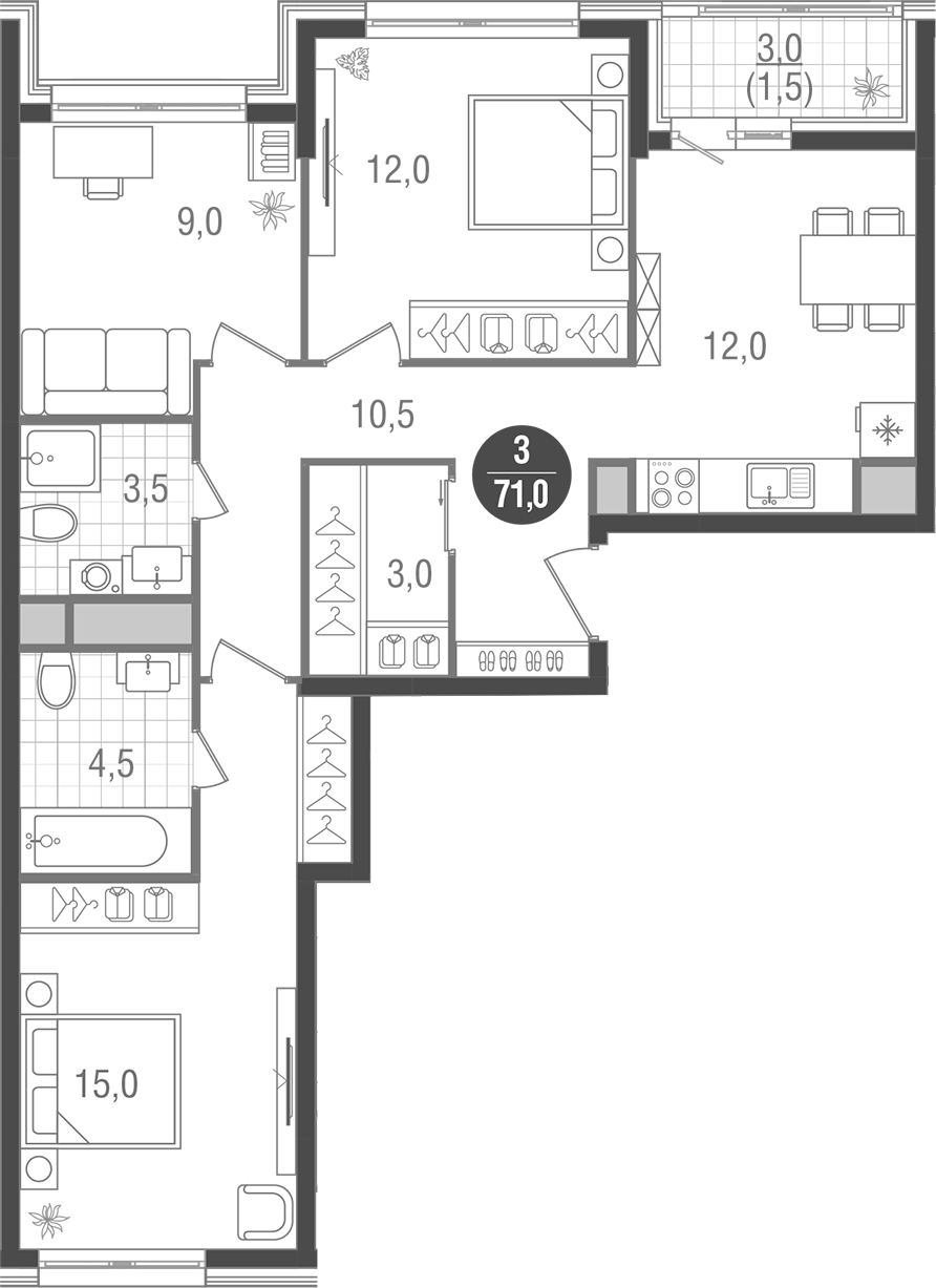 3-комн., 69.5 м², 16/26 этаж, ЖК «Кантемировский»