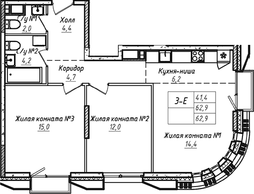3-комн., 62.9 м², 6/17 этаж, ЖК «УНО.Соколиная гора»