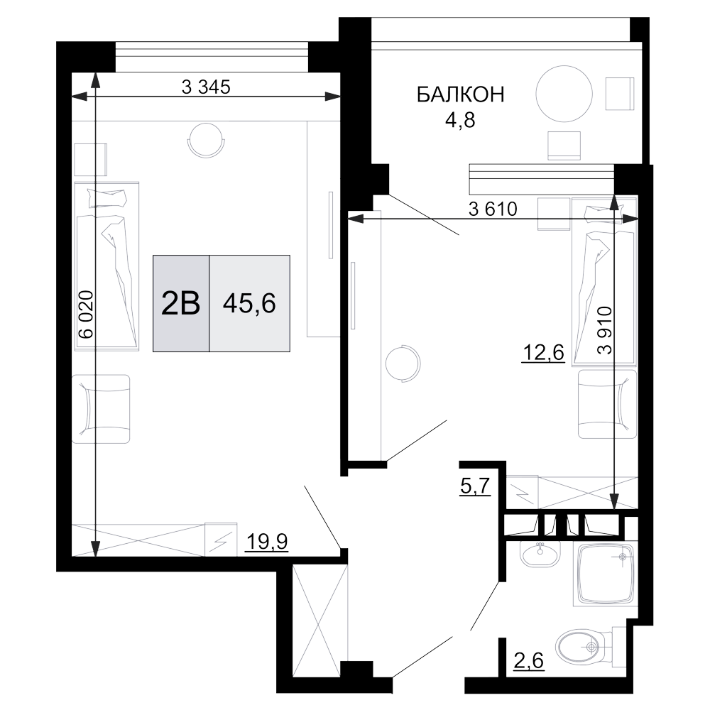 2-комн. квартира, 40.8 м² в ЖК Гостиничный комплекс Мореград — фото 2