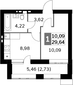 1-комн., 26.91 м², 4/4 этаж, ЖК «Жаворонки Клаб»