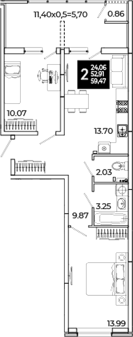 Продается 2-комн. квартира, 52.91 м²