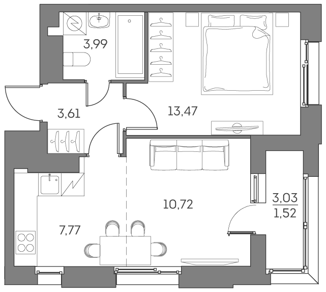 2-комн., 39.56 м², 14/25 этаж, ЖК «Аквилон БИСАЙД 2.0»