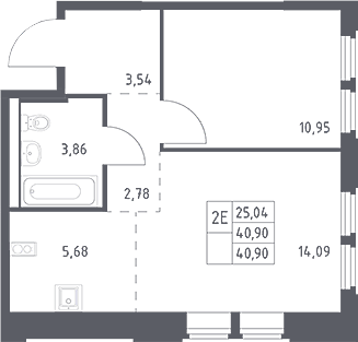 2-комн., 40.9 м², 10/16 этаж, ЖК «Космический Квартал»