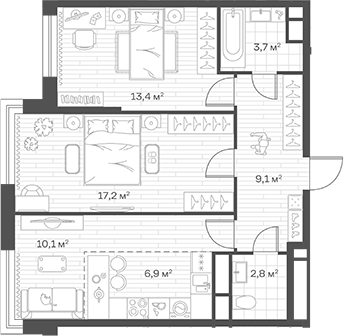 3-комн., 63.2 м², 5/12 этаж, ЖК «Аристов Берег»