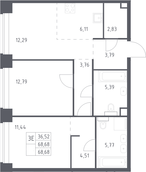 3-комн., 68.68 м², 9/12 этаж, ЖК «НОВА»