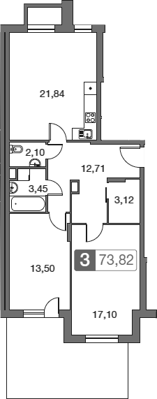 3-комн., 73.8 м², 1/5 этаж, ЖК «Равновесие»