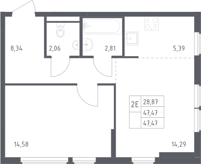 2-комн., 47.47 м², 14/14 этаж, ЖК «Остафьево»