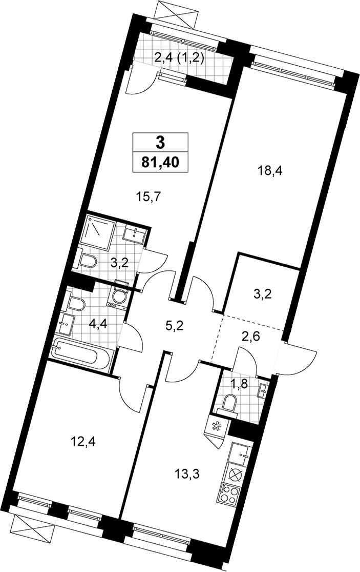 3-комн., 80.2 м², 3/14 этаж, ЖК «Прокшино»