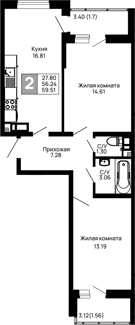 2-комн., 56.25 м², 14/14 этаж, ЖК «Долина»