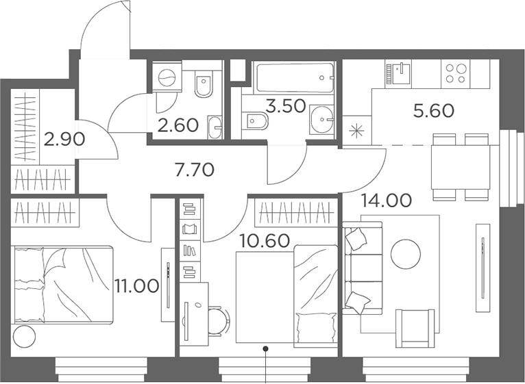 3-комн., 57.9 м², 16/20 этаж, ЖК «Белый Град»