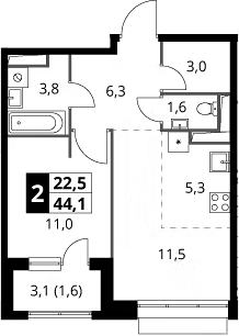 2-комн., 42.5 м², 19/21 этаж, ЖК «1-й Саларьевский»