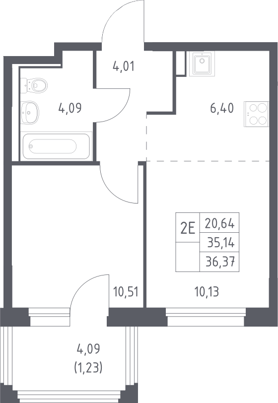 2-комн., 35.14 м², 9/13 этаж, ЖК «Прибрежный Парк»