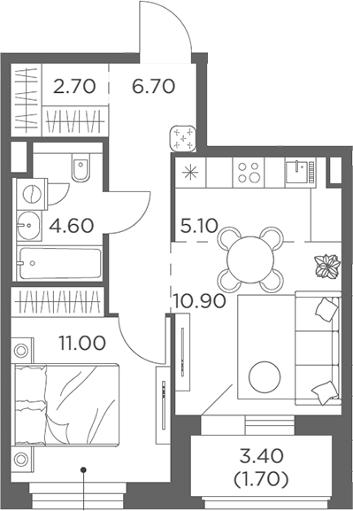 2-комн., 41 м², 18/23 этаж, ЖК «Белый Град»