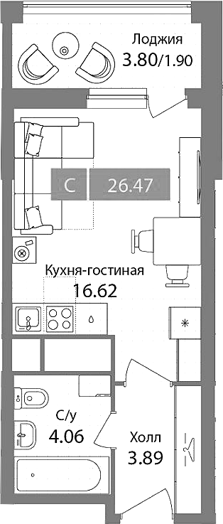 Студия, 24.57 м², 14/17 этаж, ЖК «Планерный квартал»