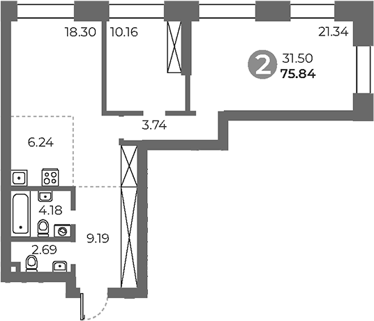 3-комн., 75.84 м², 9/24 этаж, ЖК «Павелецкая от Гранель»